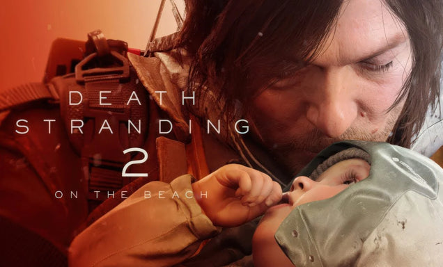 Promotional image for 'Death Stranding 2' featuring a character holding a baby on a beach.