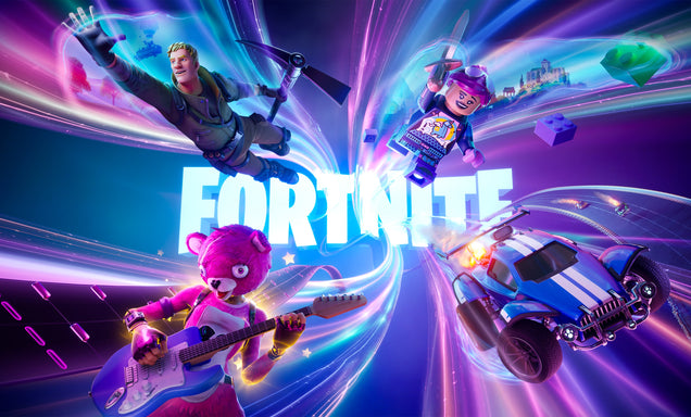 Promotional image for Fortnite with characters and colorful background