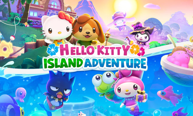 Promotional image for 'Hello Kitty Island Adventure' with cartoon characters and colorful background.