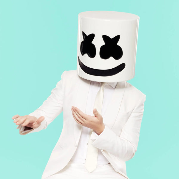 marshmello head in a white clothes on blue background