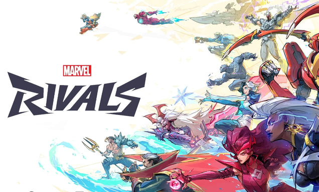 Marvel Rivals game cover with colorful superhero characters and Marvel logo.