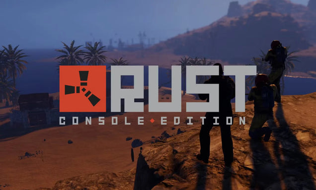 RUST Console Edition logo with a desert landscape in the background