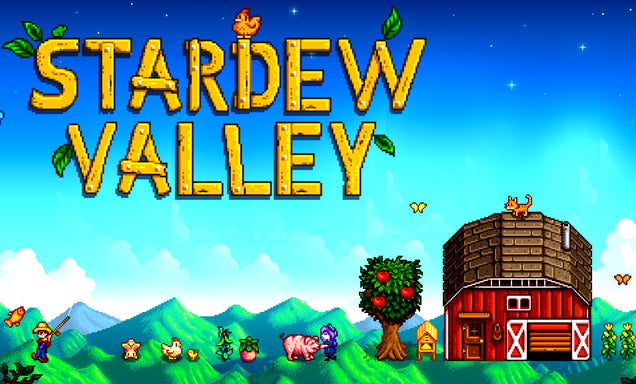 Stardew Valley logo with a colorful farm scene in the background