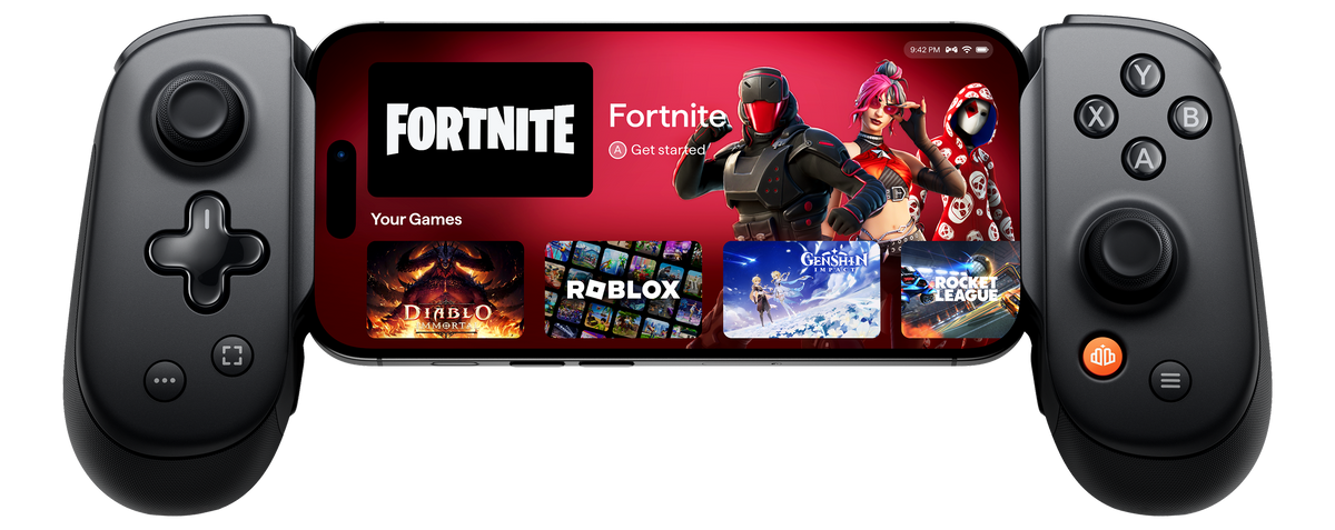 Backbone Gaming controller displaying the Fortnite and Roblox games on a screen