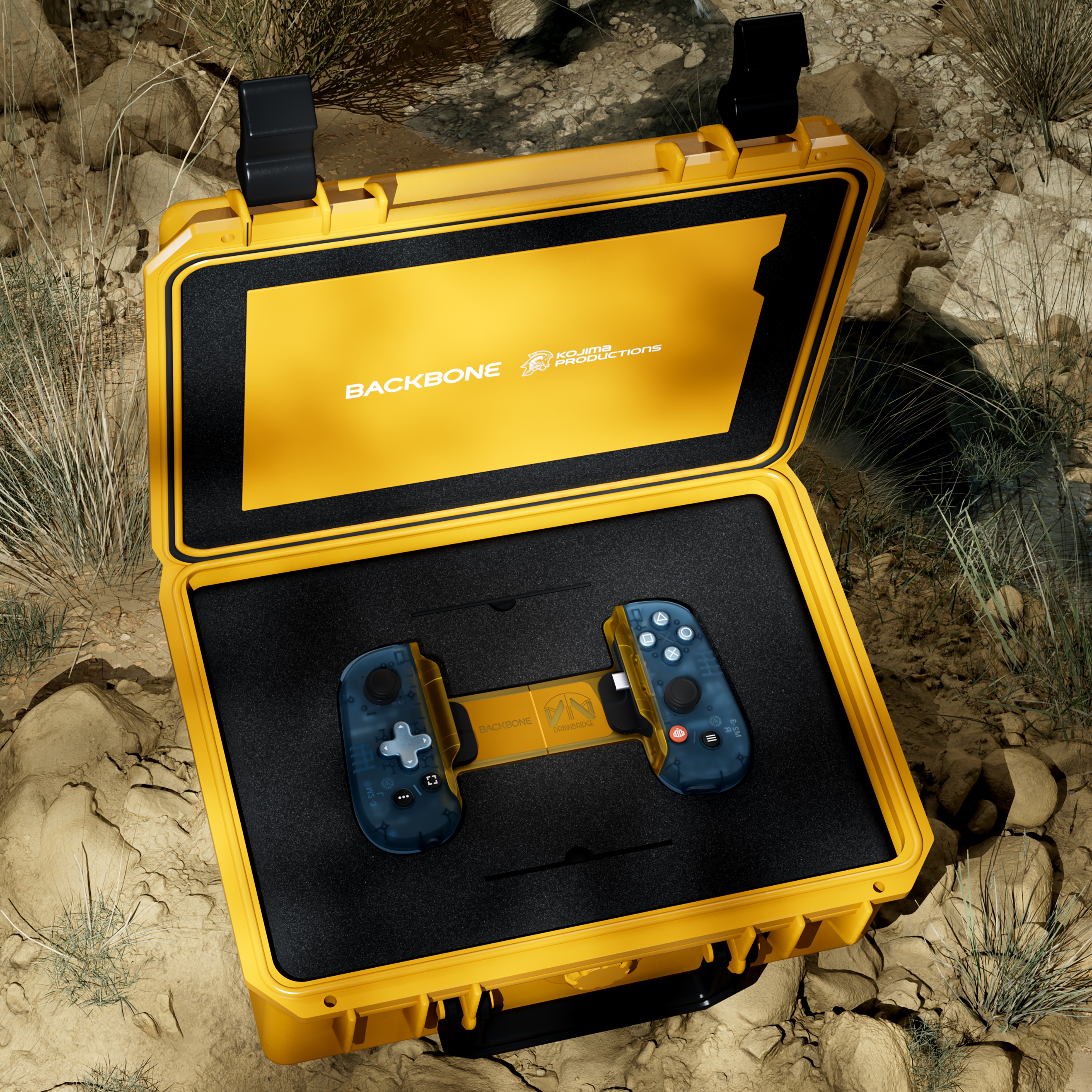 Yellow carrying case with gaming controllers on a rocky surface