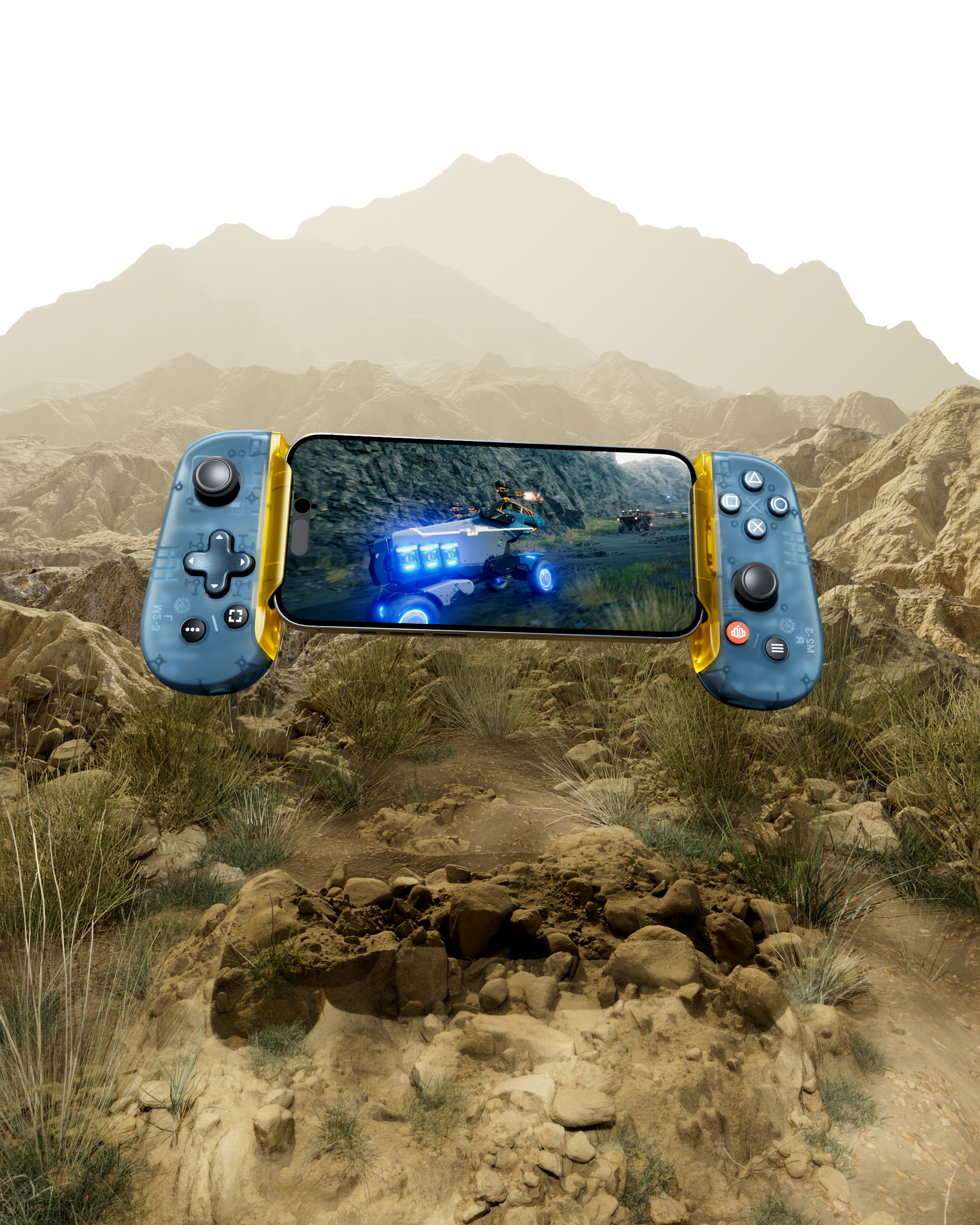 Phone with gaming controller attached in a desert landscape
