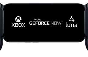 Phone screen displaying logos of Xbox, NVIDIA GeForce NOW, and Luna on a black background.