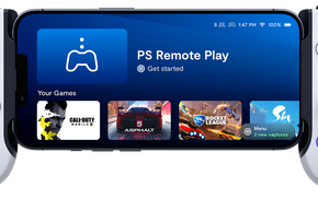 Phone displaying PS Remote Play app with game icons on a blue background