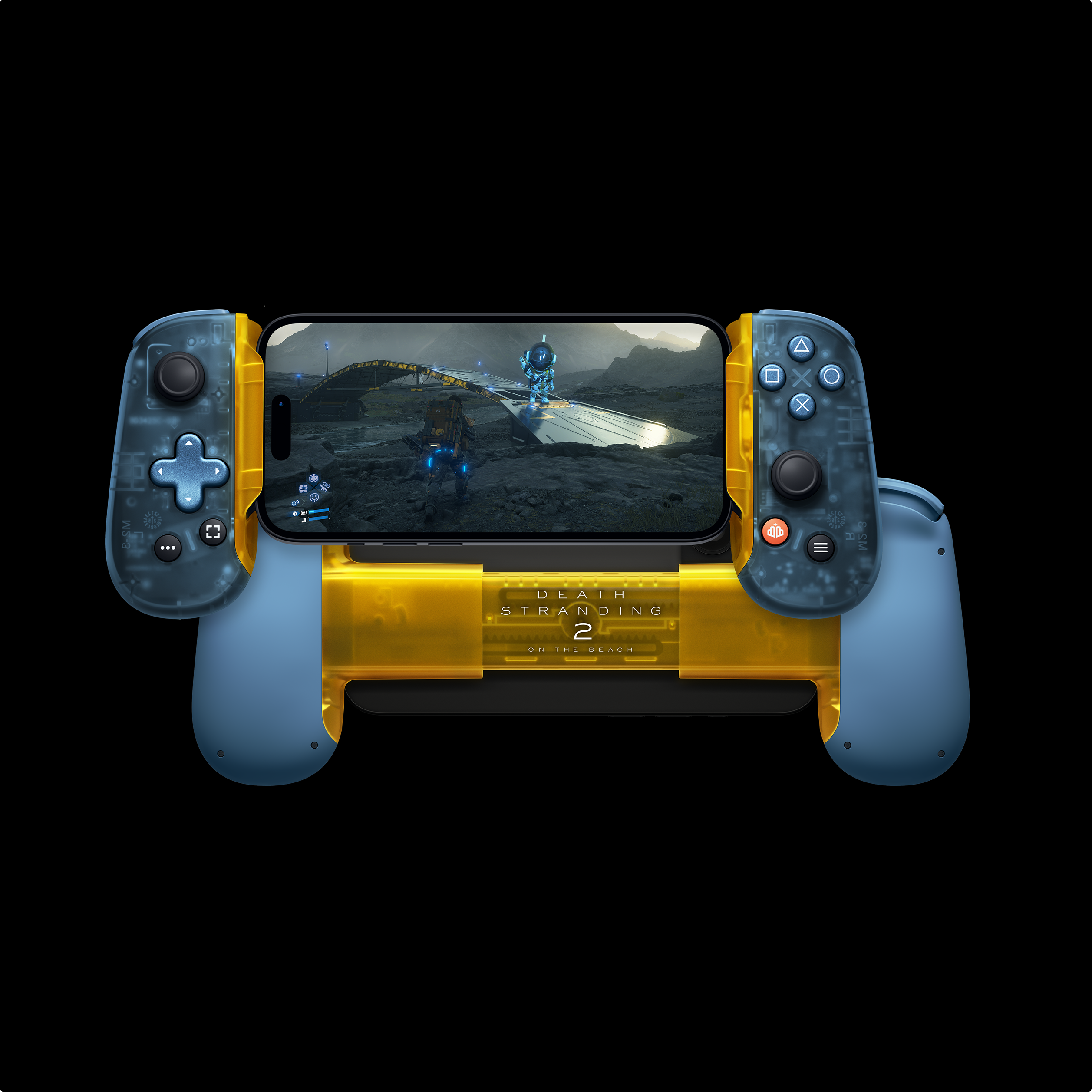 Gaming controller with smartphone displaying a game on a black background