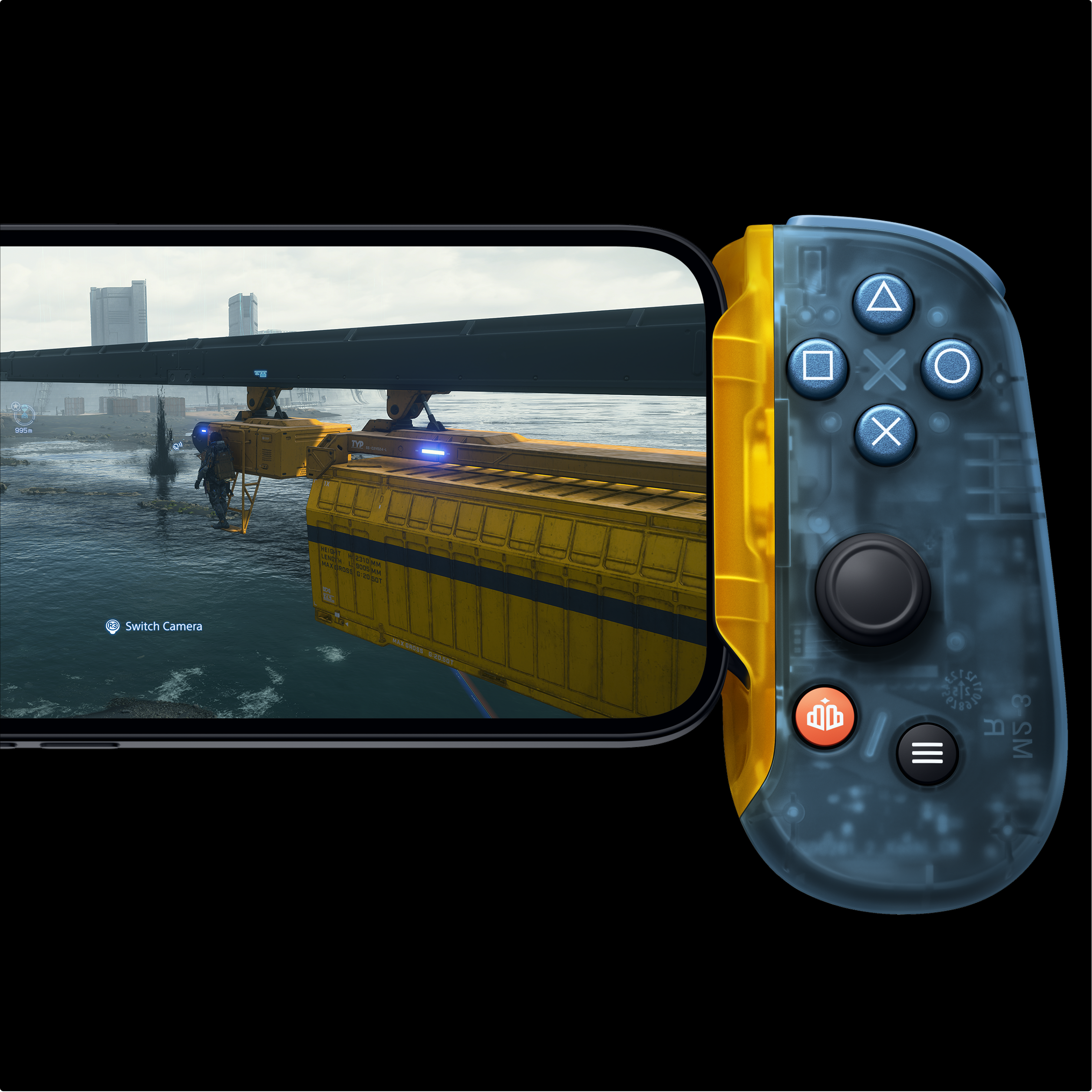 Gaming console controller with screen displaying a video game scene on a black background